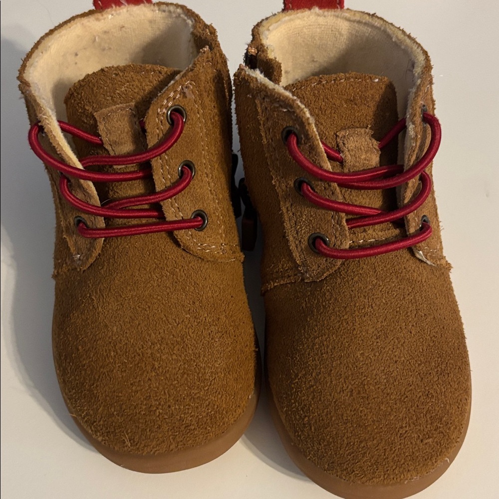UGG Tan Suede Baby Boots with Red Accents